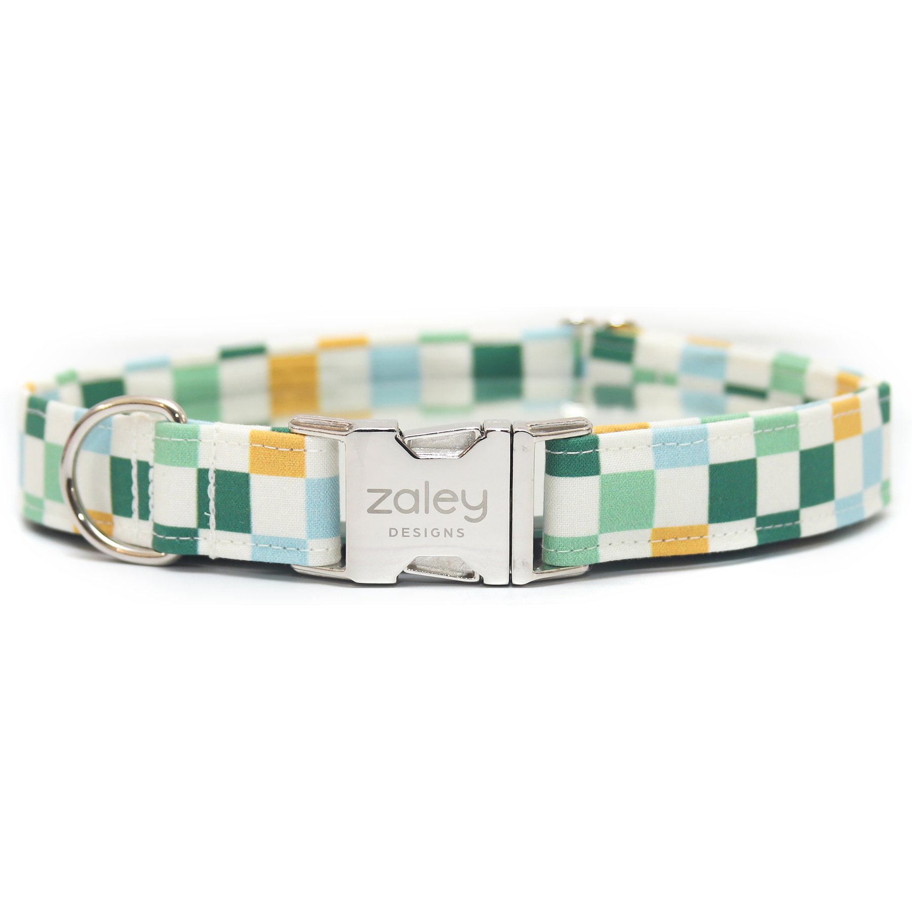 Zaley Designs Checkered Cotton Adjustable Dog Collar, Blue/Green/Yellow, X-Small: 8 to 12-in neck, 5/8-in wide