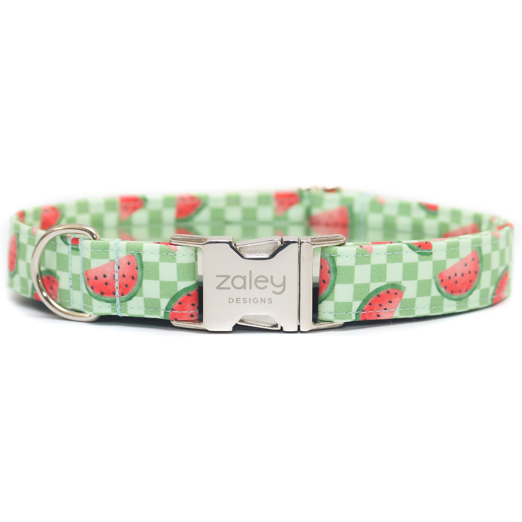 Zaley Designs Checkered Watermelon Cotton Adjustable Dog Collar, Green, Small: 10 to 14-in neck, 3/4-in wide