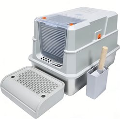 Decflow Oval Shape Enclosed Stainless Steel Cat Litter Box with Transparent Front Door, Removable Design, Deodorant Bag, Anti-Splash Pedal & High Fence