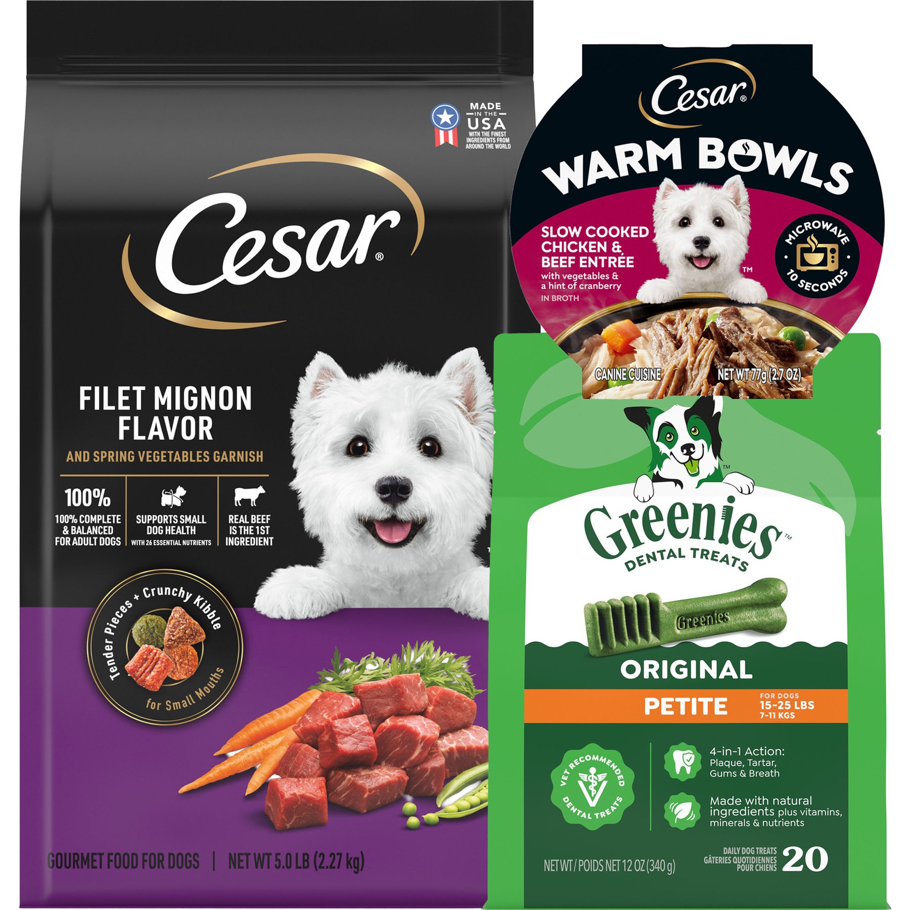 Puppy Variety Pack: Cesar Warm Bowls Chicken & Beef with Vegetables Entree Shredded Wet Food Trays, 2.7-oz tray, pack of 10 + Cesar Filet Mignon Flavor & Spring Vegetables Garnish Small Breed Dry Food, 5-lb bag + Greenies Petite Original Chicken Flavor Dental Treats, 20 count