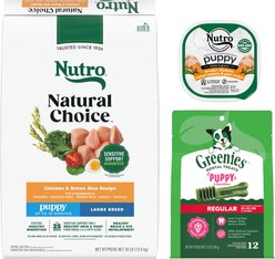 Puppy Variety Pack: Nutro Natural Choice Large Breed Chicken & Brown Rice Recipe Dry Food, 30-lb bag + Nutro Tender Grain-Free Chicken, Sweet Potato & Pea Recipe Bites in Gravy Wet Food Trays, 3.5-oz, case of 24 + Greenies Regular Dental Treats, 12 count