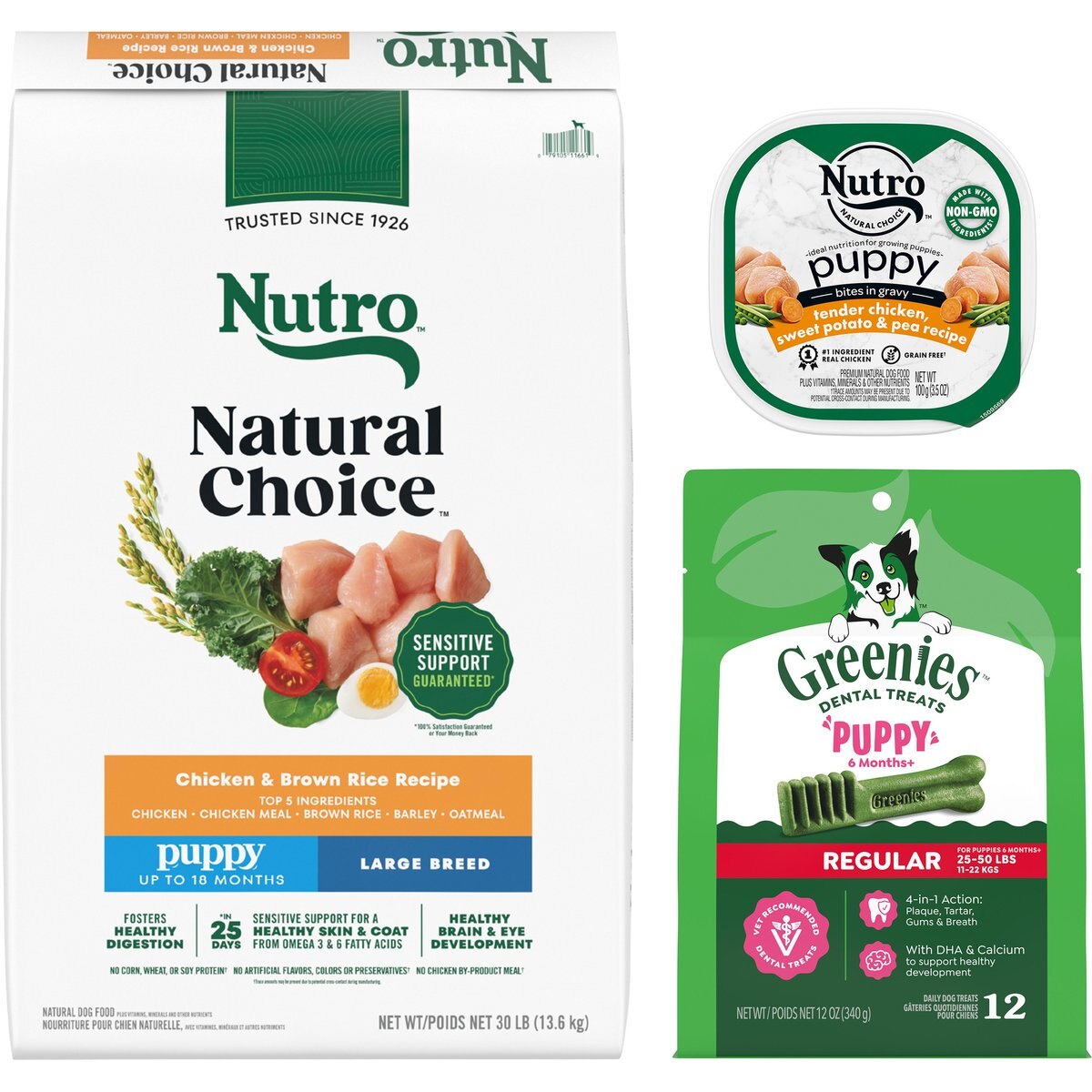 Puppy Variety Pack: Nutro Natural Choice Large Breed Chicken & Brown Rice Recipe Dry Food, 30-lb bag + Nutro Tender Grain-Free Chicken, Sweet Potato & Pea Recipe Bites in Gravy Wet Food Trays, 3.5-oz, case of 24 + Greenies Regular Dental Treats, 12 count