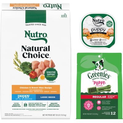 Nutro Puppy Variety Pack: Nutro Natural Choice Large Breed Chicken & Brown Rice Recipe Dry Food, 30-lb bag + Nutro Tender Grain-Free Chicken, Sweet Potato & Pea Recipe Bites in Gravy Wet Food Trays, 3.5-oz, case of 24 + Greenies Regular Dental Treats, 12 count