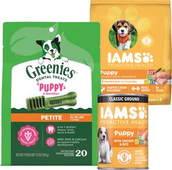 Puppy Variety Pack: Greenies Petite Dental Treats, 20 count + Iams Proactive Health Smart with Real Chicken Dry Food, 15-lb bag + Iams ProActive Health Classic Ground with Chicken & Rice Canned Wet Food, 13-oz can, case of 12