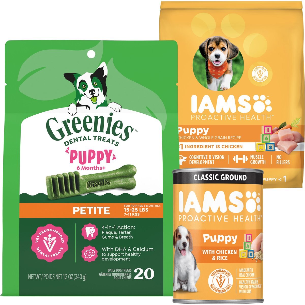 Puppy Variety Pack: Greenies Petite Dental Treats, 20 count + Iams Proactive Health Smart with Real Chicken Dry Food, 15-lb bag + Iams ProActive Health Classic Ground with Chicken & Rice Canned Wet Food, 13-oz can, case of 12