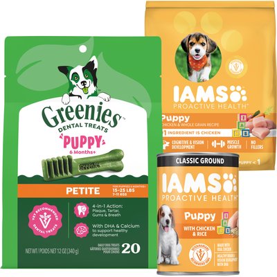 Greenies Puppy Variety Pack: Greenies Petite Dental Treats, 20 count + Iams Proactive Health Smart with Real Chicken Dry Food, 15-lb bag + Iams ProActive Health Classic Ground with Chicken & Rice Canned Wet Food, 13-oz can, case of 12