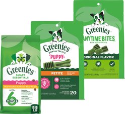 Puppy Variety Pack: Greenies Petite Dental Treats, 20 count + Greenies Smart Essentials High Protein Real Chicken & Brown Rice Dry Food, 5.5-lb bag + Greenies Anytime Bites Original Chicken Flavor Soft & Chewy Treats, 24-oz bag