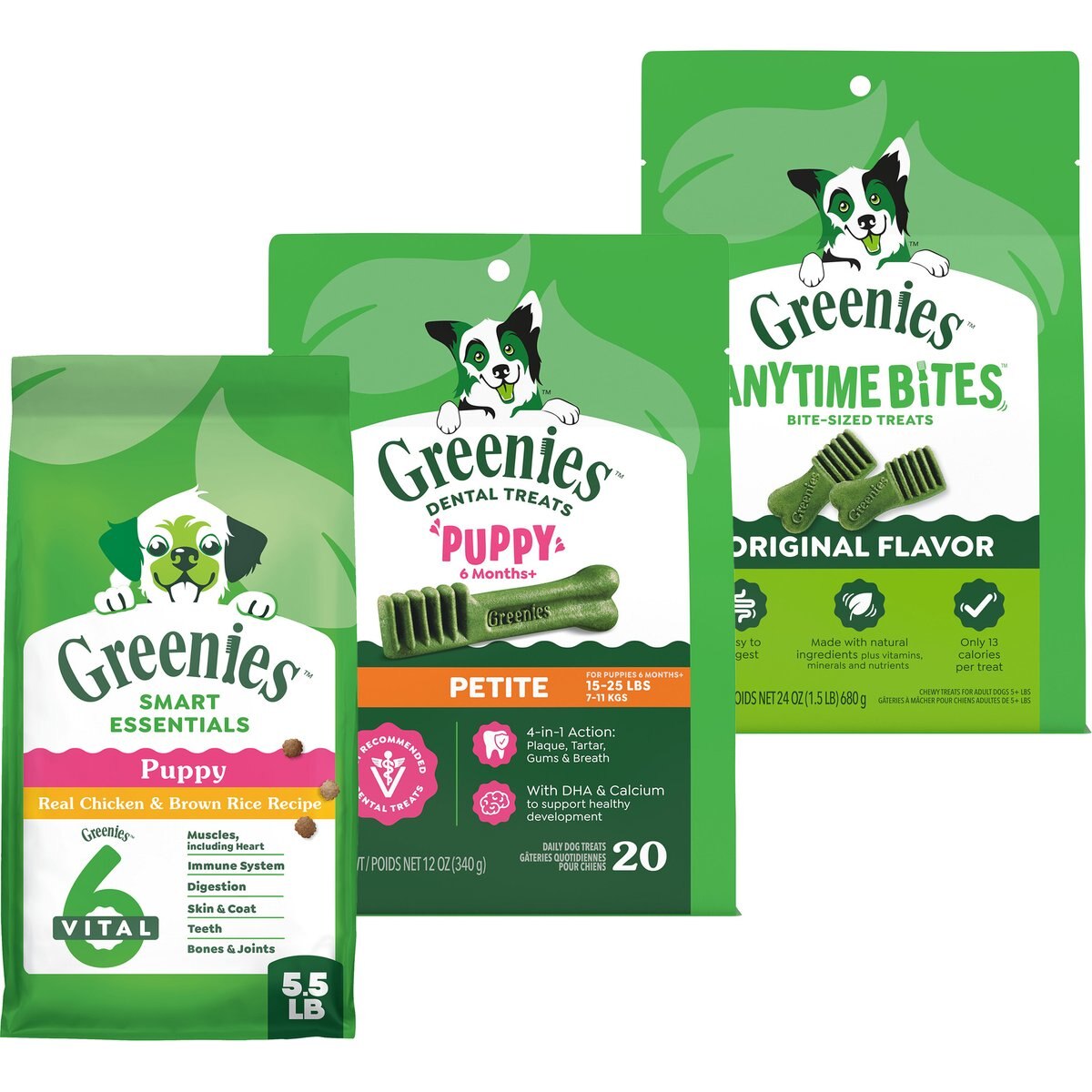 Puppy Variety Pack: Greenies Petite Dental Treats, 20 count + Greenies Smart Essentials High Protein Real Chicken & Brown Rice Dry Food, 5.5-lb bag + Greenies Anytime Bites Original Chicken Flavor Soft & Chewy Treats, 24-oz bag
