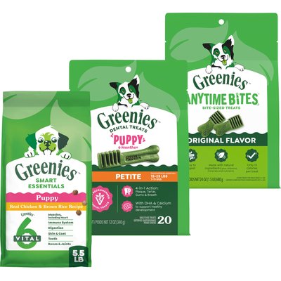 Greenies Puppy Variety Pack: Greenies Petite Dental Treats, 20 count + Greenies Smart Essentials High Protein Real Chicken & Brown Rice Dry Food, 5.5-lb bag + Greenies Anytime Bites Original Chicken Flavor Soft & Chewy Treats, 24-oz bag