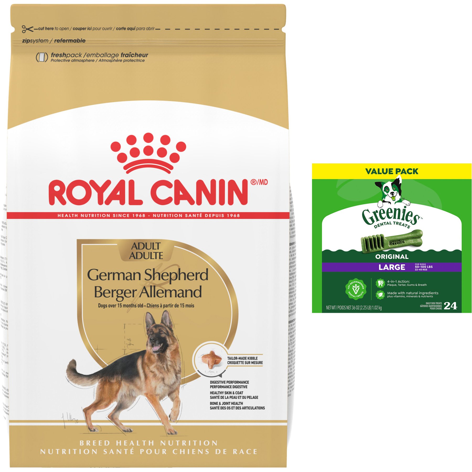 Royal Canin German Shepherd Adult Dry Food + Greenies Large Dental Dog Treats