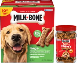 Milk-Bone Original Large Biscuit Treats, 10-lb box + Soft & Chewy Chicken Recipe Dog Treats, 25-oz tub