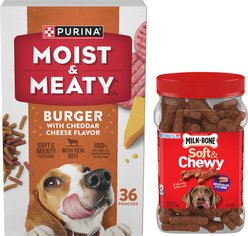 Moist & Meaty Burger Cheddar Cheese Flavor Dry Food + Milk-Bone Beef & Filet Mignon Recipe Dog Treats
