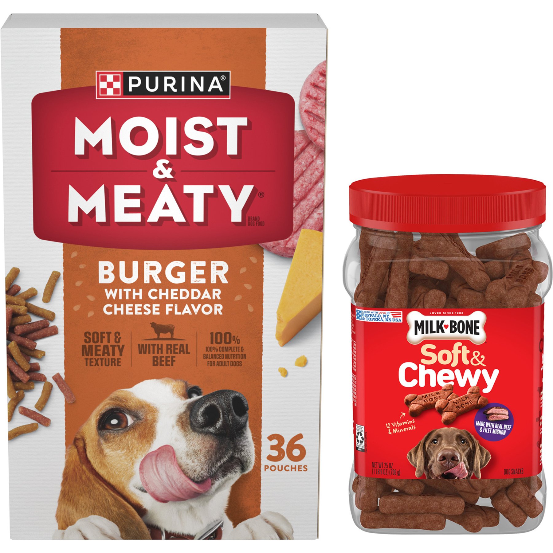 Moist & Meaty Burger Cheddar Cheese Flavor Dry Food + Milk-Bone Beef & Filet Mignon Recipe Dog Treats