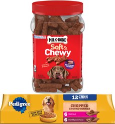 Pedigree Chopped Ground Dinner Filet Mignon Flavor & Beef Wet Food Variety Pack + Milk-Bone Beef & Filet Mignon Recipe Dog Treats