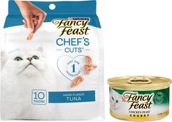 Fancy Feast Chunky Chicken Feast Canned Cat Food, 3-oz, case of 24 + Purely Natural Hand-Flaked Tuna Cat Treats, 1.06-oz pouch