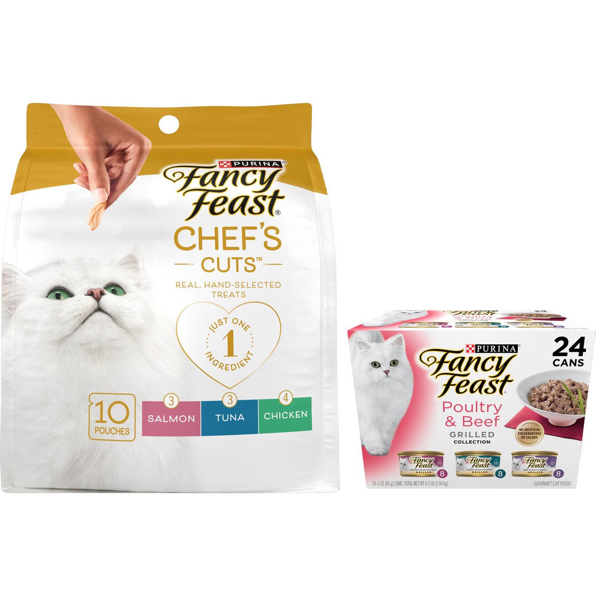 Fancy Feast Grilled Poultry & Beef Feast Canned Food + Purely Natural Treats Cat Treats