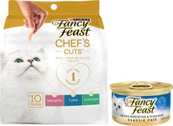 Fancy Feast Classic Ocean Whitefish & Tuna Feast Canned Food + Purely Natural Treats Cat Treats
