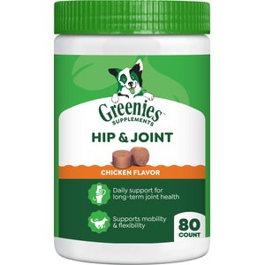 Greenies Hip & Joint Chicken Flavored Soft Chew Glucosamine Joint Supplement for Dogs, 80 count, 16.2-oz tub