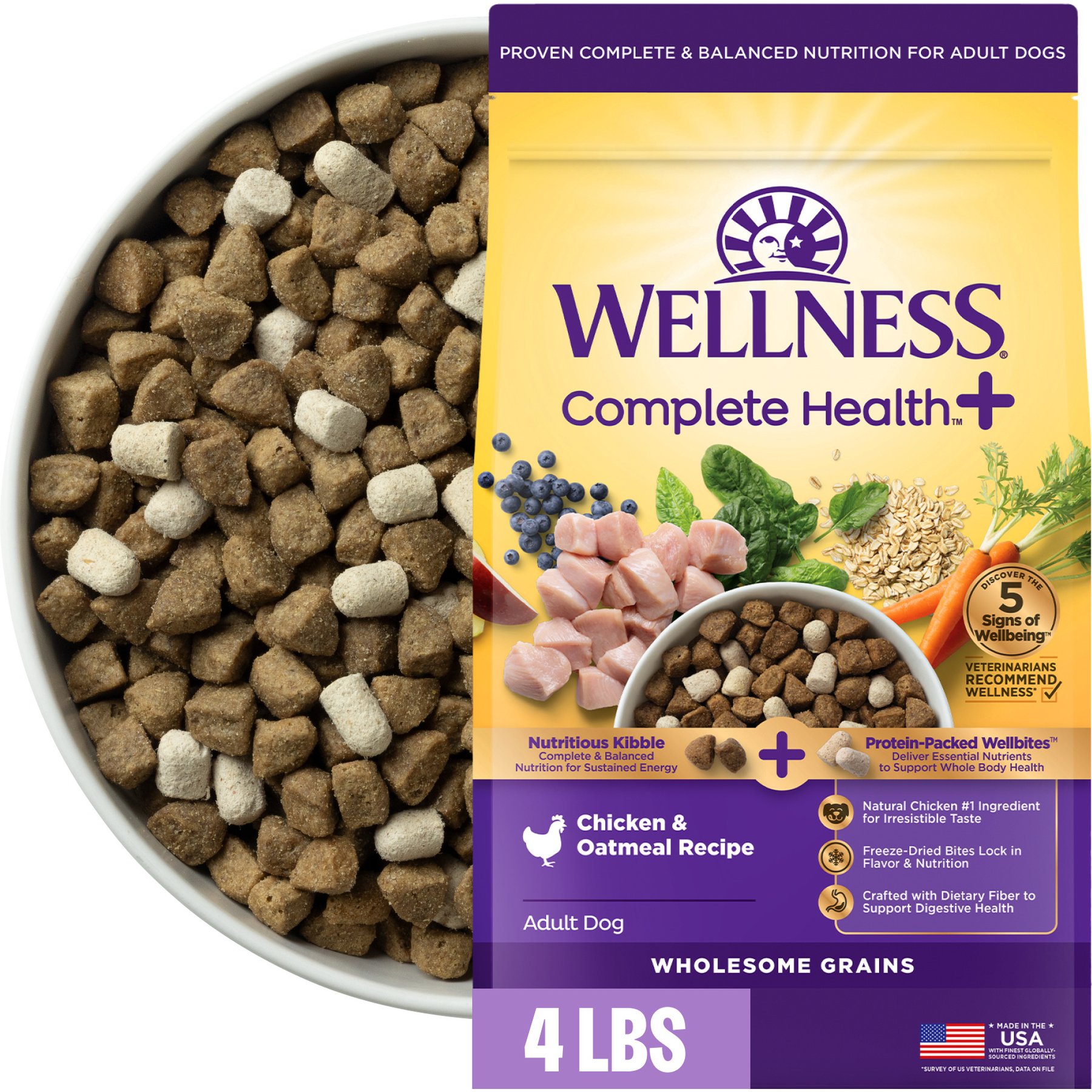 Wellness Complete Health+ Adult Chicken & Oatmeal Dry Dog Food, 4-lb bag