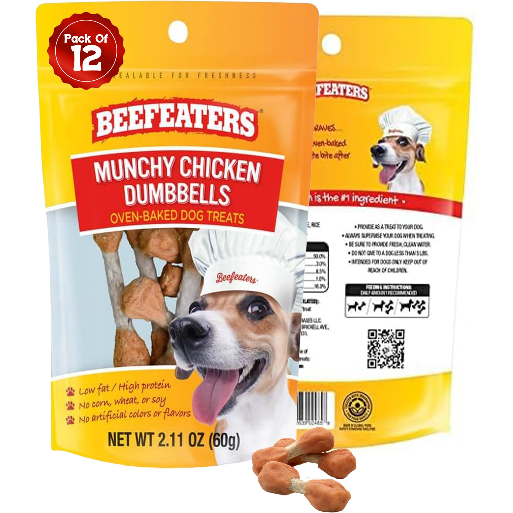 Beefeaters Munchy Chicken Dumbbells Jerky Dog Treat, 2.11-oz bag, case of 12