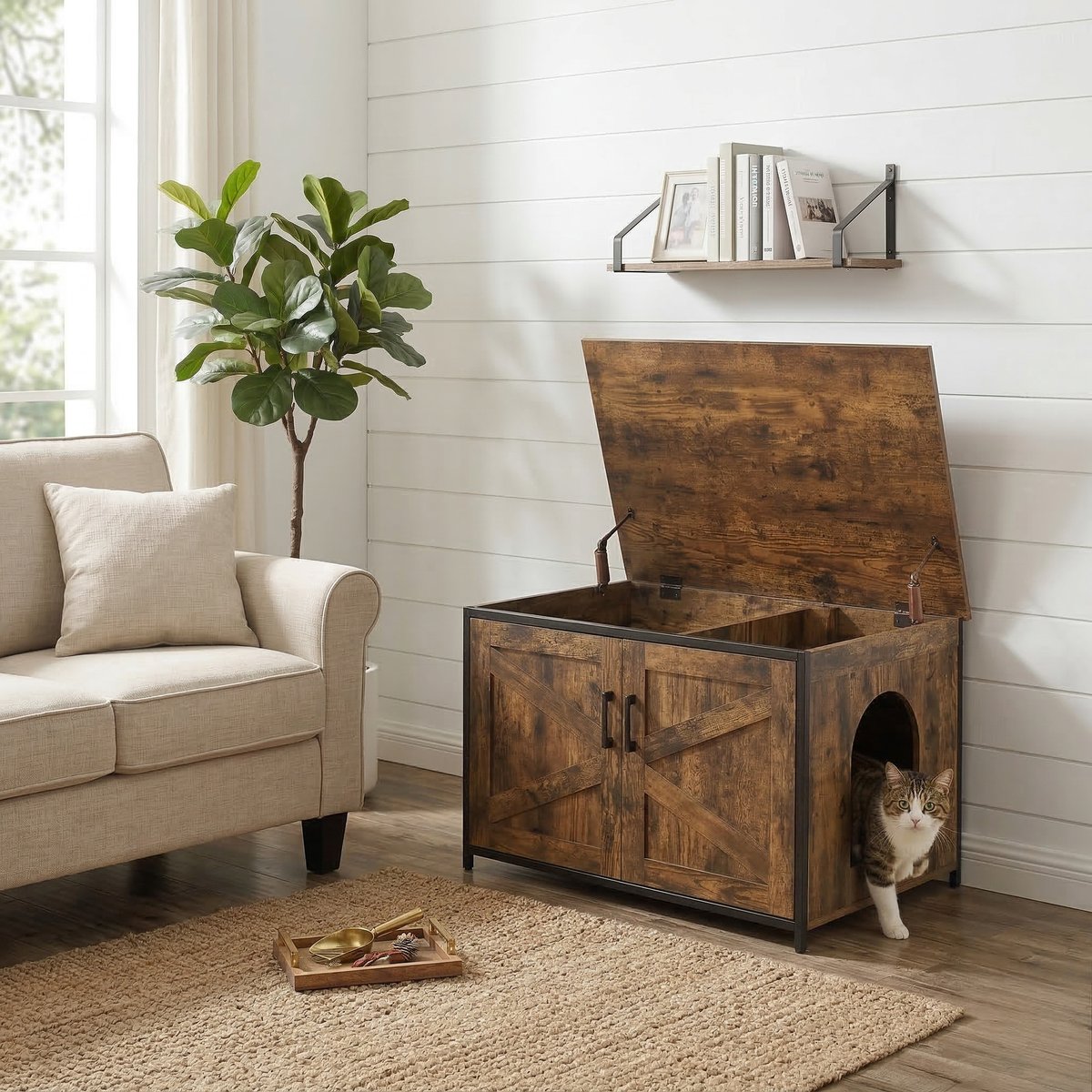 Unipaws Cat Litter Box Enclosure with Top Opening, Large, Rustic Brown