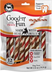 Good 'n' Fun Triple Flavor Twists Wrapped with Real Bully Dog Chew Treats, 12 count