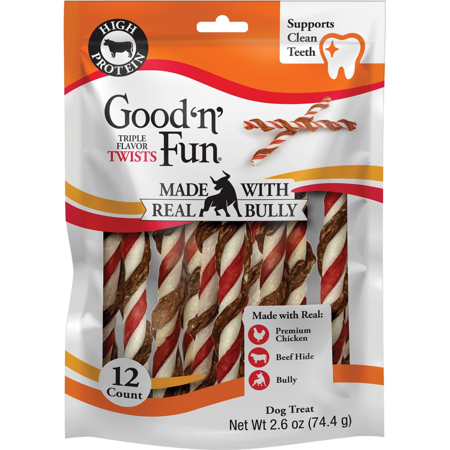 Good 'n' Fun Triple Flavor Twists Wrapped with Real Bully Dog Chew Treats, 12 count