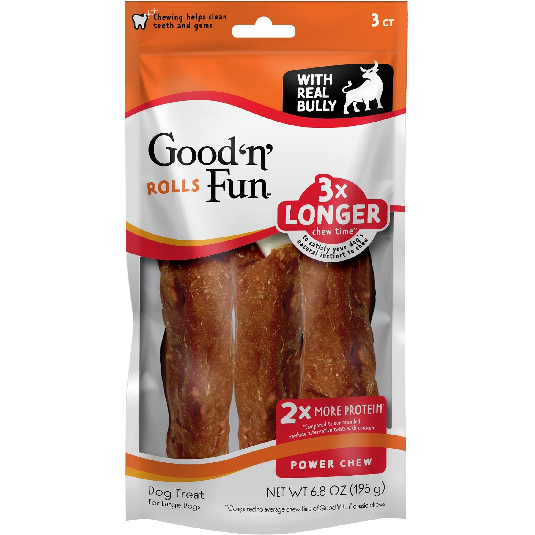 Good 'n' Fun Triple Flavor Rolls Wrapped with Real Bully Dog Chew Treats, Large, 3 count