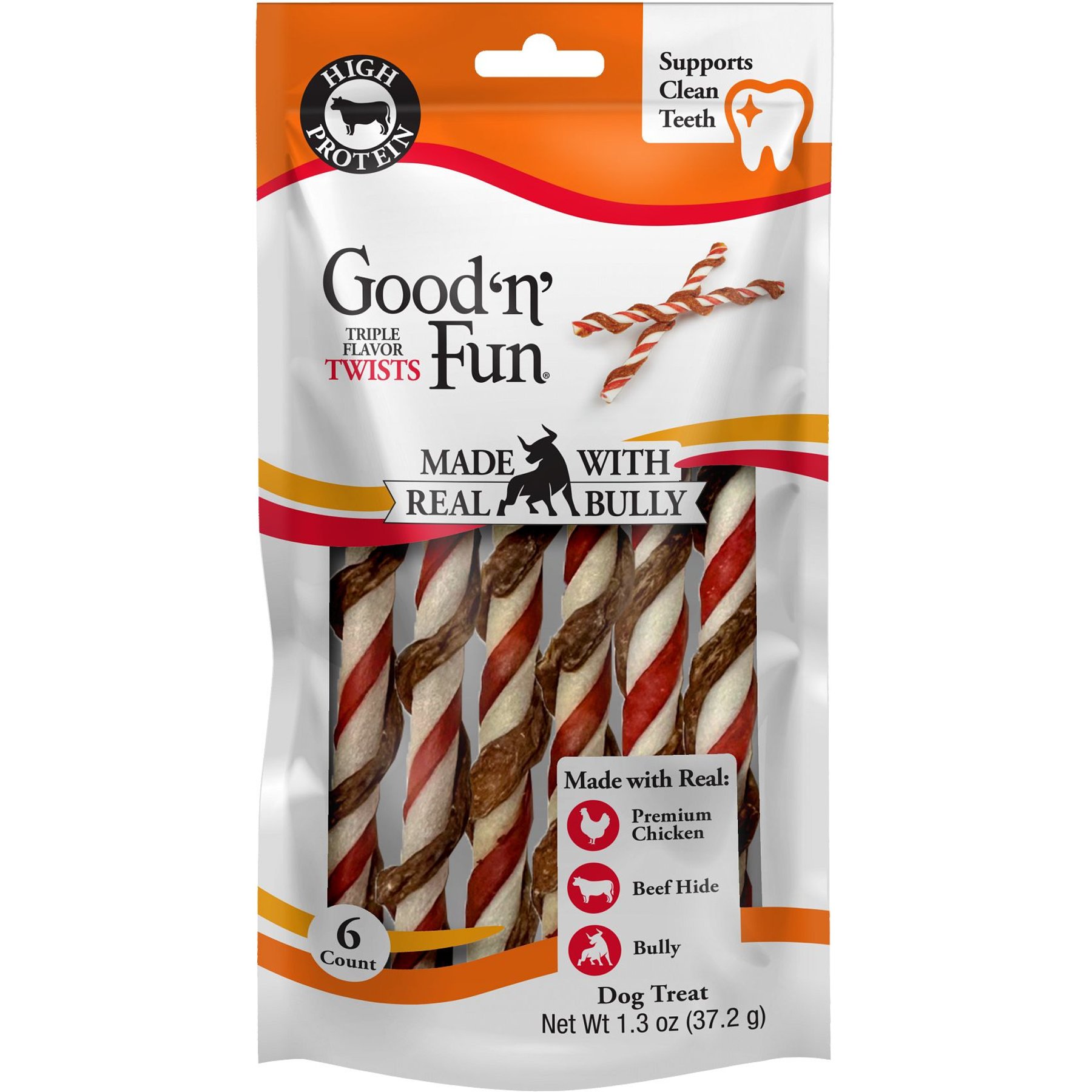 Good 'n' Fun Triple Flavor Twists Wrapped with Real Bully Dog Chew Treats, 6 count