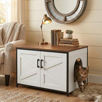 UNIPAWS Cat Litter Box Enclosure with Top Opening, Large, White & Walnut -  Chewy.com