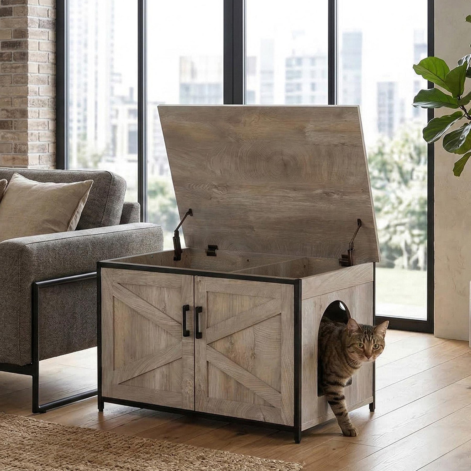 Unipaws Cat Litter Box Enclosure with Top Opening, Large, Weathered Gray
