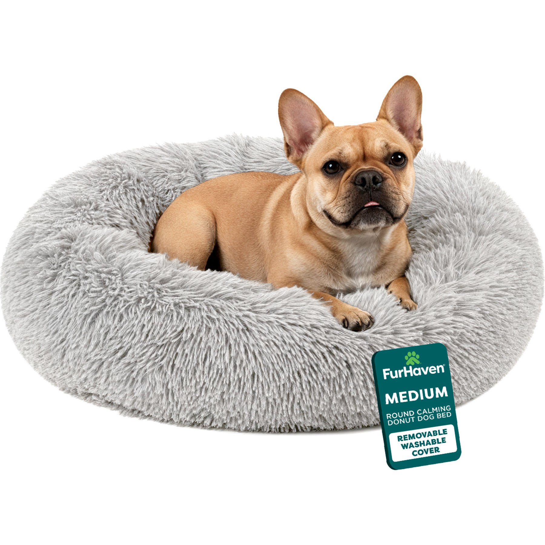 FurHaven Calming Cuddler Long Fur Donut Bolster Dog Bed, Mist Gray, Medium