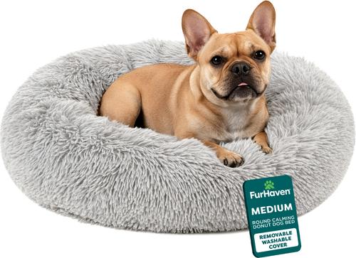 FurHaven Calming Cuddler Long Fur Donut Bolster Dog Bed, Mist Gray, Medium