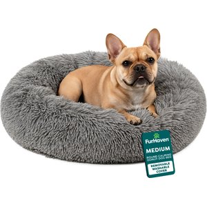 FurHaven Calming Cuddler Long Fur Donut Bolster Dog Bed, Gray, Medium