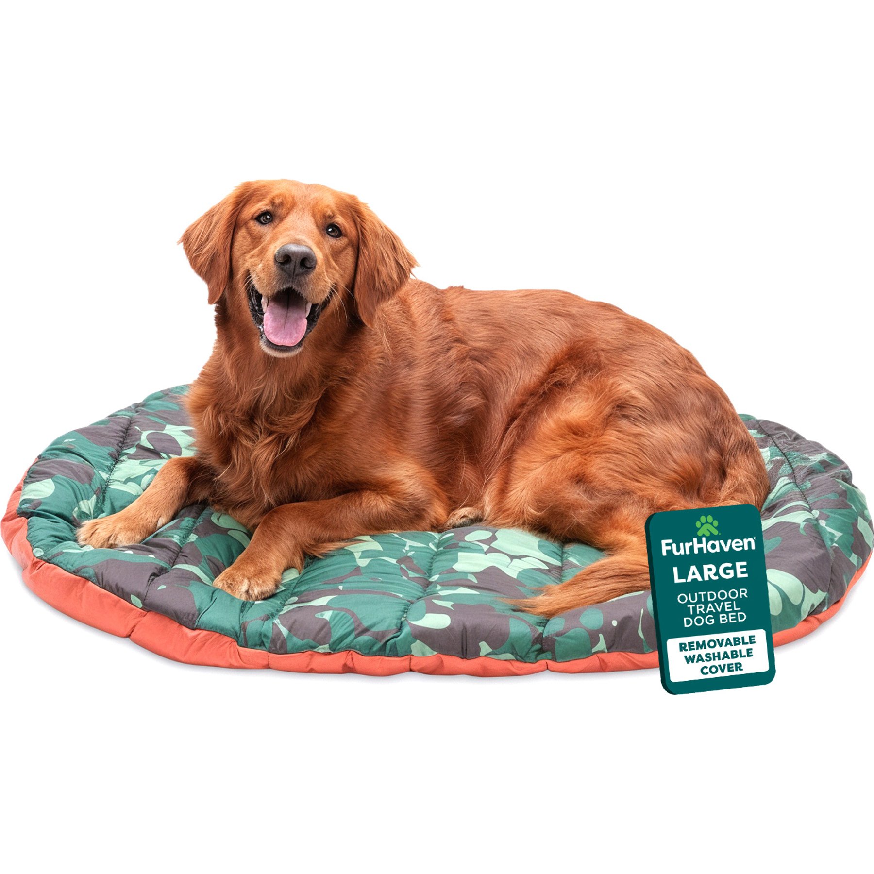 FurHaven Trail Pup Packable Stuff Sack Travel Pillow Dog Bed, Paprika & Camo-Paw, Large