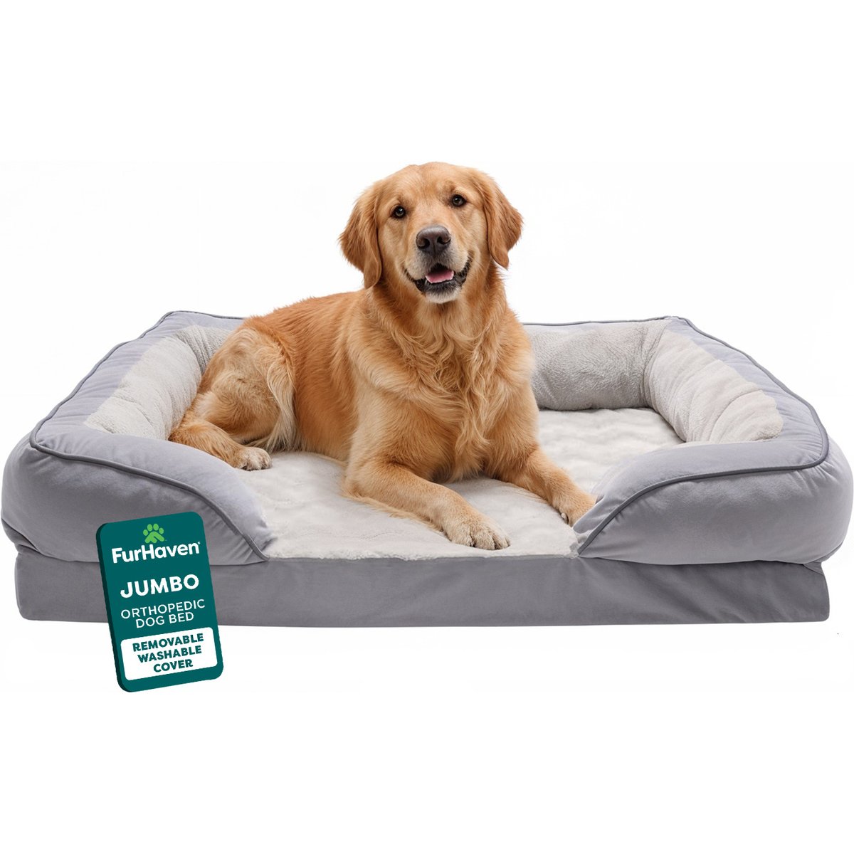 FurHaven Velvet Waves Perfect Comfort Orthopedic Sofa Cat & Dog Bed with Removable Cover, Granite Gray, Jumbo