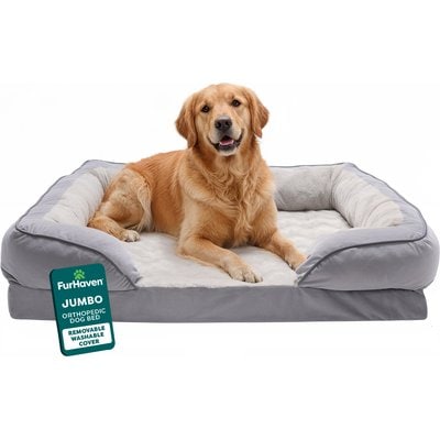 FurHaven FurHaven Velvet Waves Perfect Comfort Orthopedic Sofa Cat & Dog Bed with Removable Cover, Granite Gray, Jumbo
