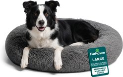 FurHaven Calming Cuddler Long Fur Donut Bolster Dog Bed, Gray, Large