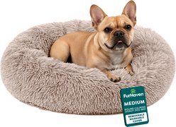 FurHaven Calming Cuddler Long Fur Donut Bolster Dog Bed, Taupe, Medium
