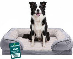 FurHaven Velvet Waves Perfect Comfort Memory Foam Bolster Cat & Dog Bed with Removable Cover, Granite Gray, Large
