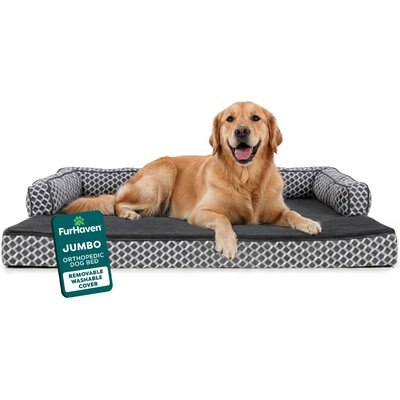 FurHaven FurHaven Comfy Couch Orthopedic Bolster Dog Bed with Removable Cover, Diamond Gray, Jumbo
