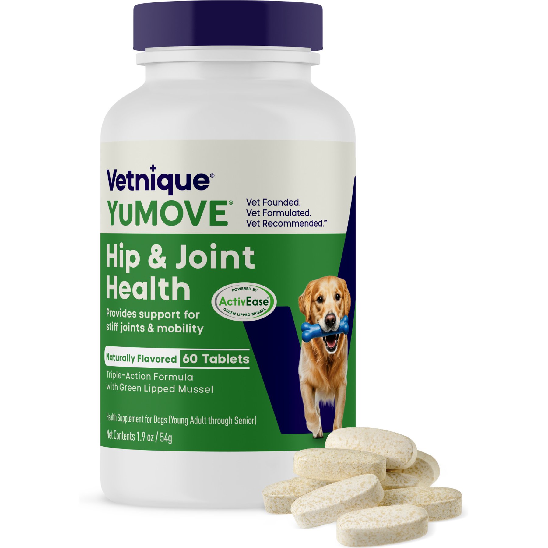 Vetnique Labs YuMOVE Hip & Joint Health Glucosamine, Hyaluronic Acid, Green Lipped Mussel & Omega 3 Chewable Tablet Supplement for Young Adult through Senior Dogs, 60 count