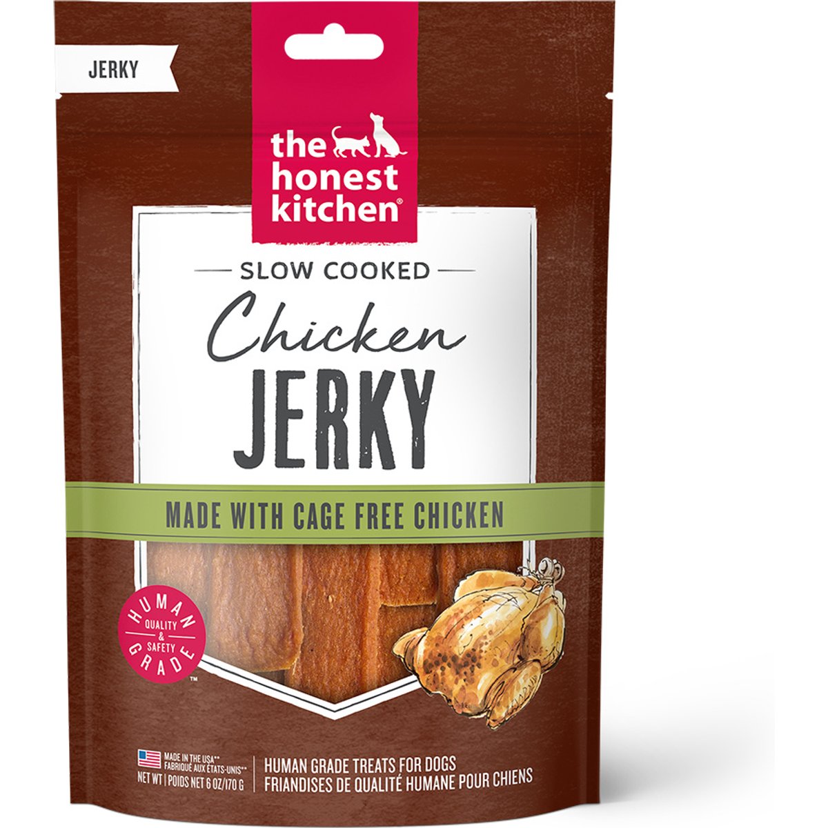 The Honest Kitchen Human Grade Slow Cooked Jerky Chicken Recipe Dog Treats, 6-oz pouch