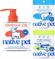 Native Pet Dog Supplement Trial Pack: Omega Oil, 3-fl oz bottle + The Daily 11-in-1 Powder, 1.7-oz + Probiotic Digestive Powder, 1.7-oz