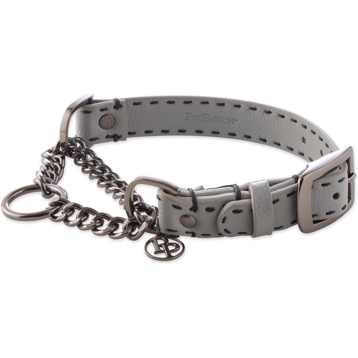 Pet Passion Rein Vegan Leather Chain Martingale Dog Collar, Gray, Large: 14-in neck, 1-in wide