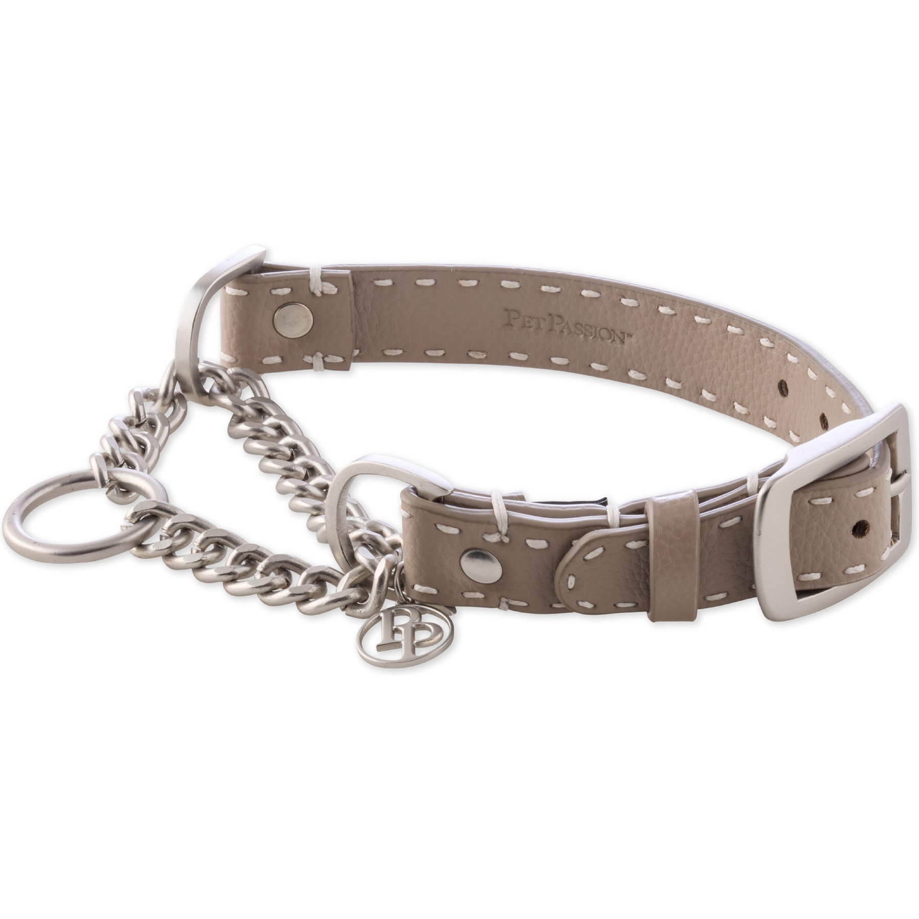 Pet Passion Rein Vegan Leather Chain Martingale Dog Collar, Dappled Cashmere, Large: 14-in neck, 1-in wide