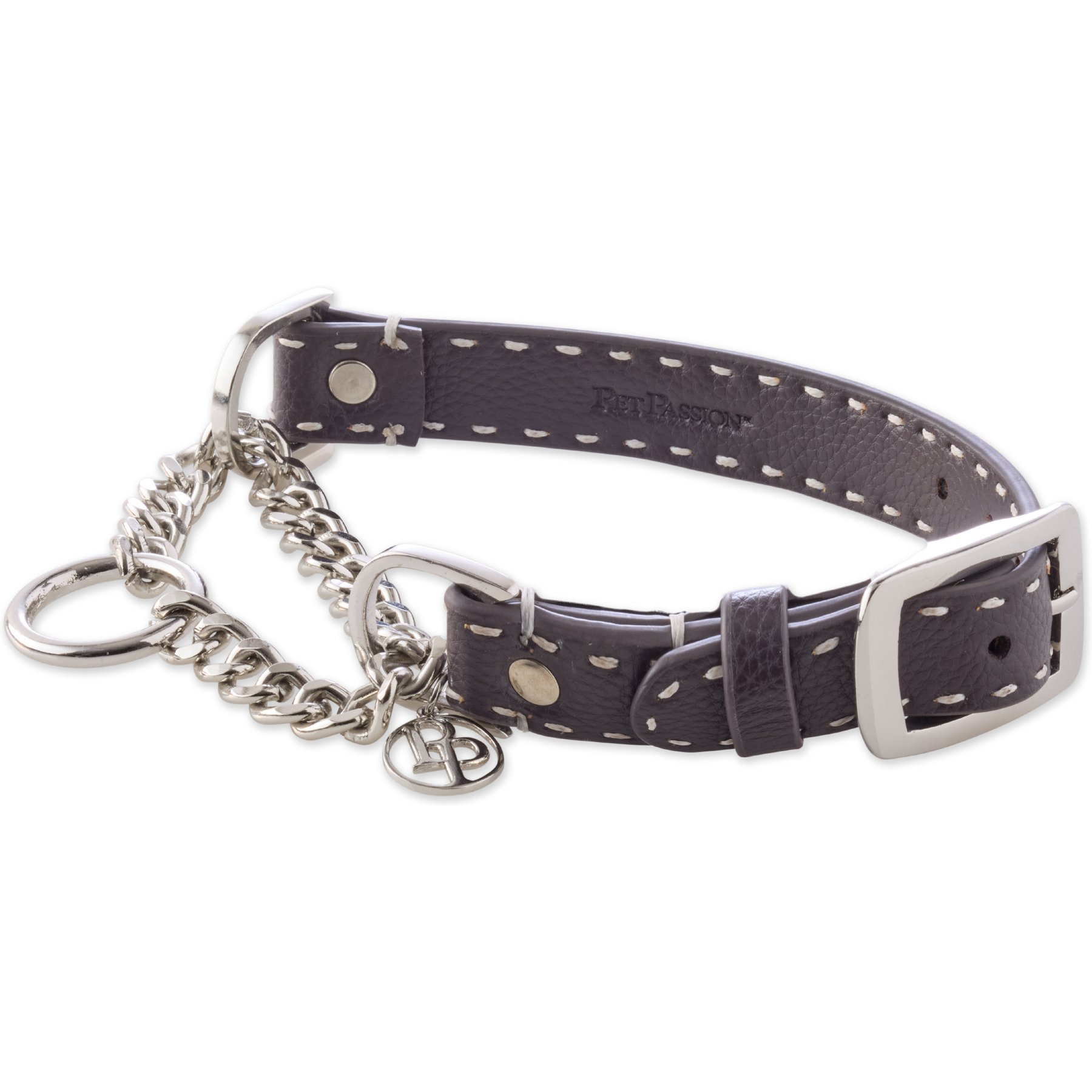 Pet Passion Rein Vegan Leather Chain Martingale Dog Collar, Chocolate Espresso, Large: 14-in neck, 1-in wide