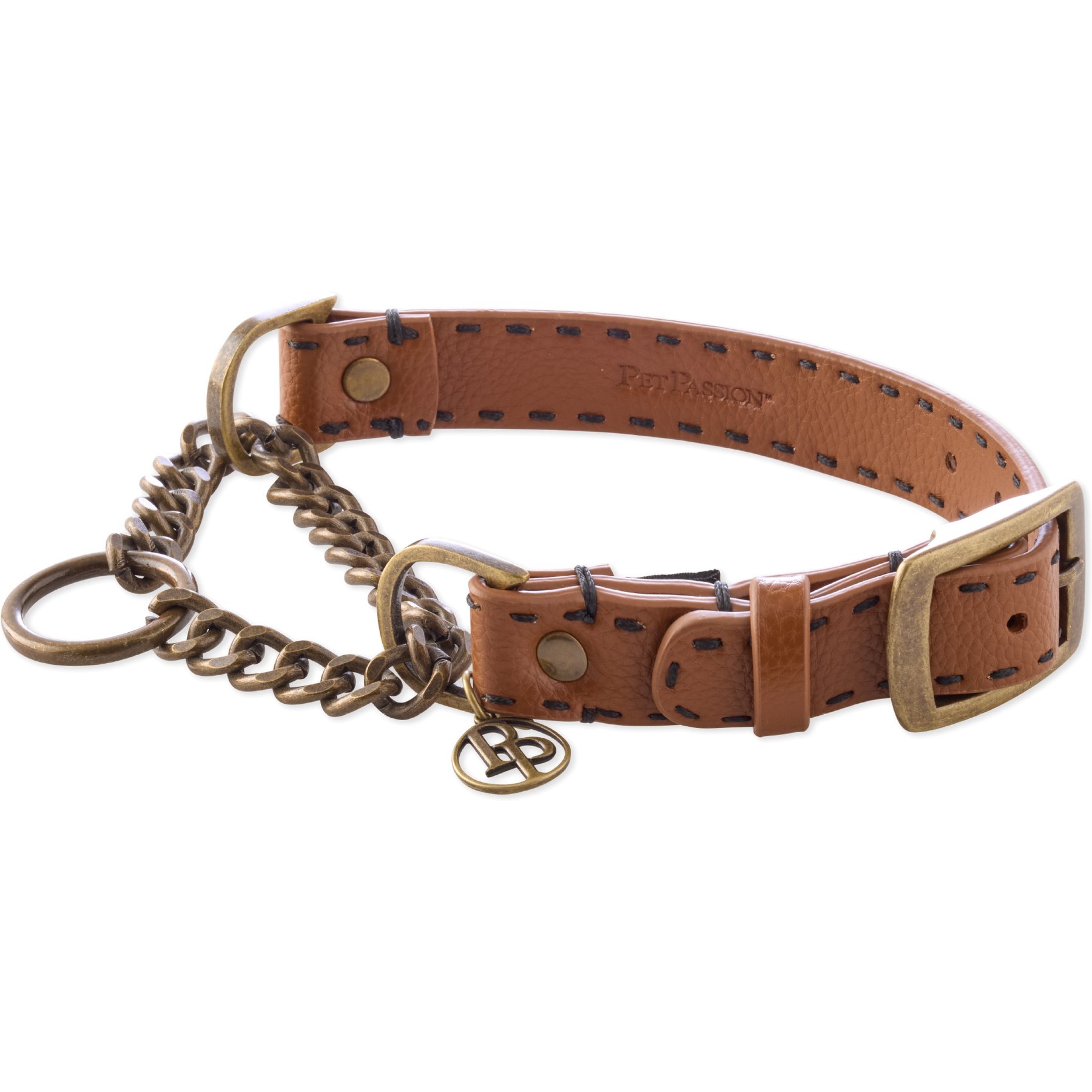 Pet Passion Rein Vegan Leather Chain Martingale Dog Collar, Chestnut Hunter, Large: 14-in neck, 1-in wide