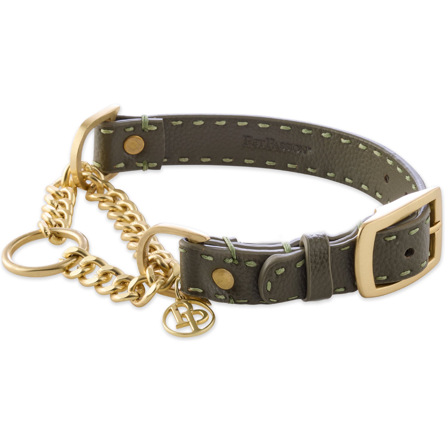Pet Passion Rein Vegan Leather Chain Martingale Dog Collar, Scottish Olive, Large: 14-in neck, 1-in wide