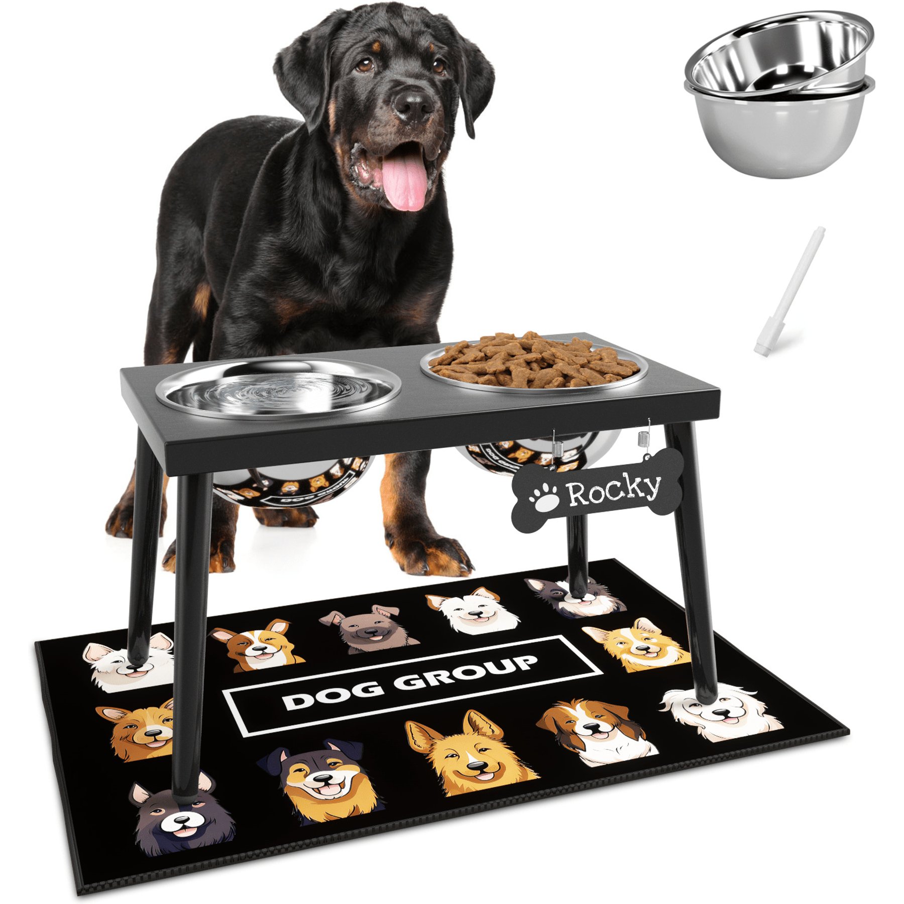 ADENGL 11-in Metal Non-Slip Raised 2 Bowls Dog Feeder with Mat, Black, 7-cup per bowl